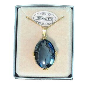 NWT Hematite Gold‎ Tone Pendant Necklace Oval Faceted Gemstone New in Box